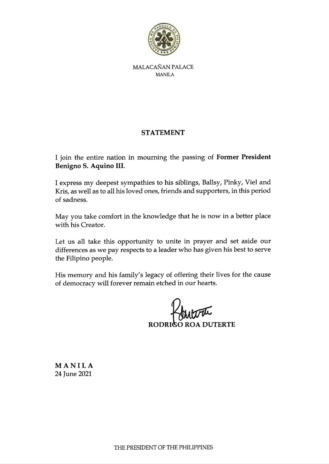 PRRD Statement