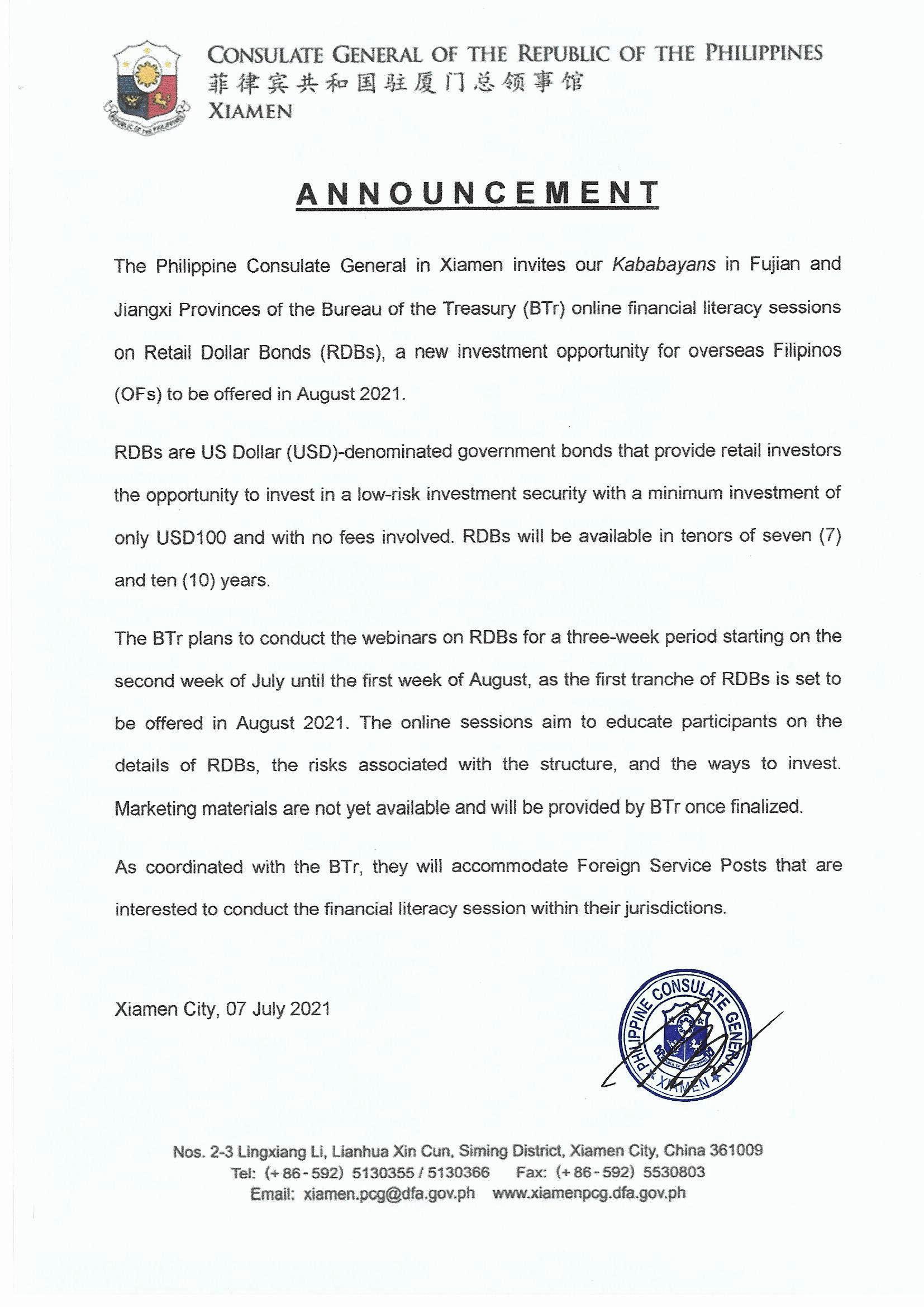 Signed Announcement on RTBs