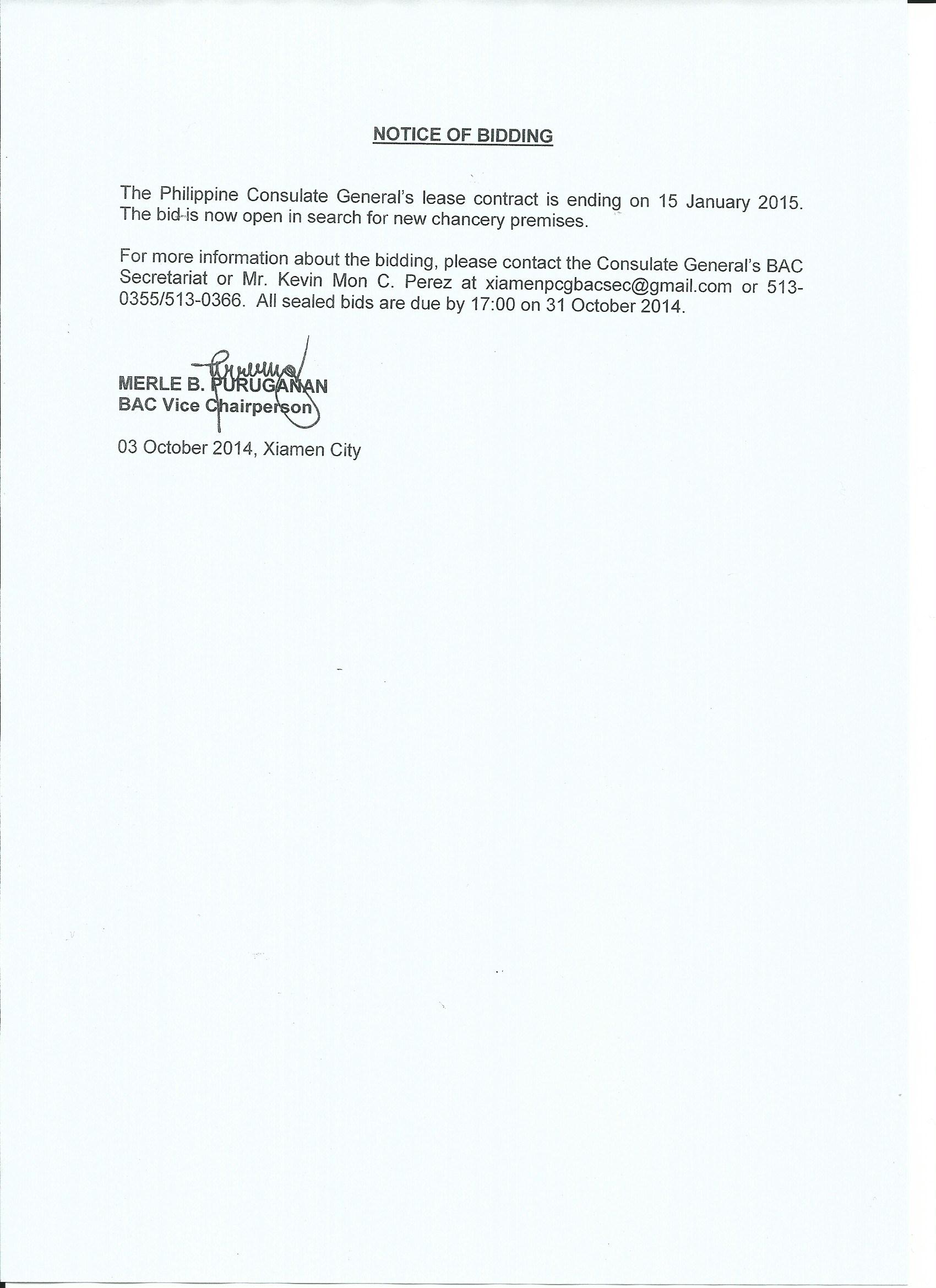 NOTICE OF BIDDING 100314